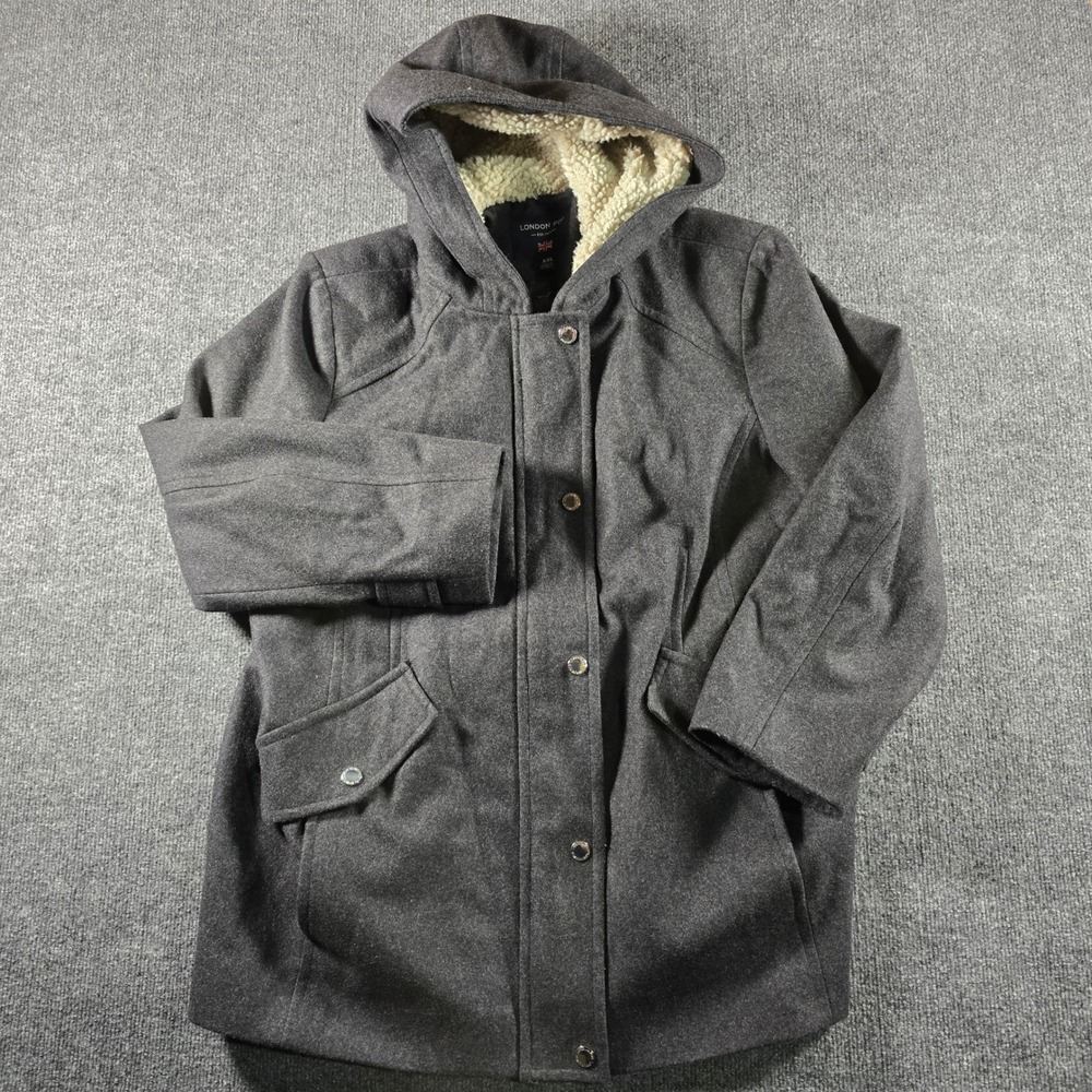 London Fog Mens XXL Charcoal Gray Wool Blend Sherpa Lined Hooded Coat Jacket